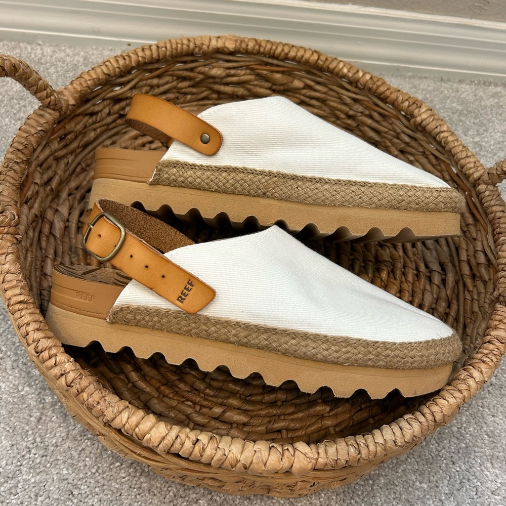 Reef White Canvas Espadrille Mules with Tan Leather Slingback